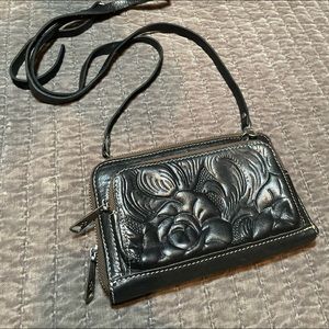 Patricia Nash black crossbody tooled leather AUTOGRAPHED BY PATRICIA NASH